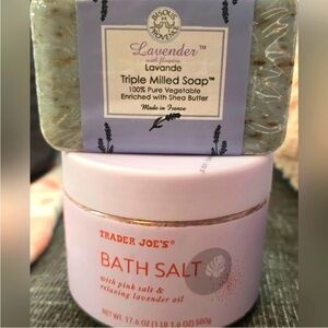 SET of TRADER JOE'S PINK BATH SALT w/Lavender Oil & BAR Lavender SOAP